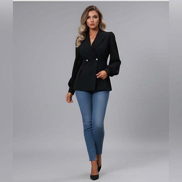 Black Shawl Collar Sheer Sleeve Blazer - Picture 1 of 9